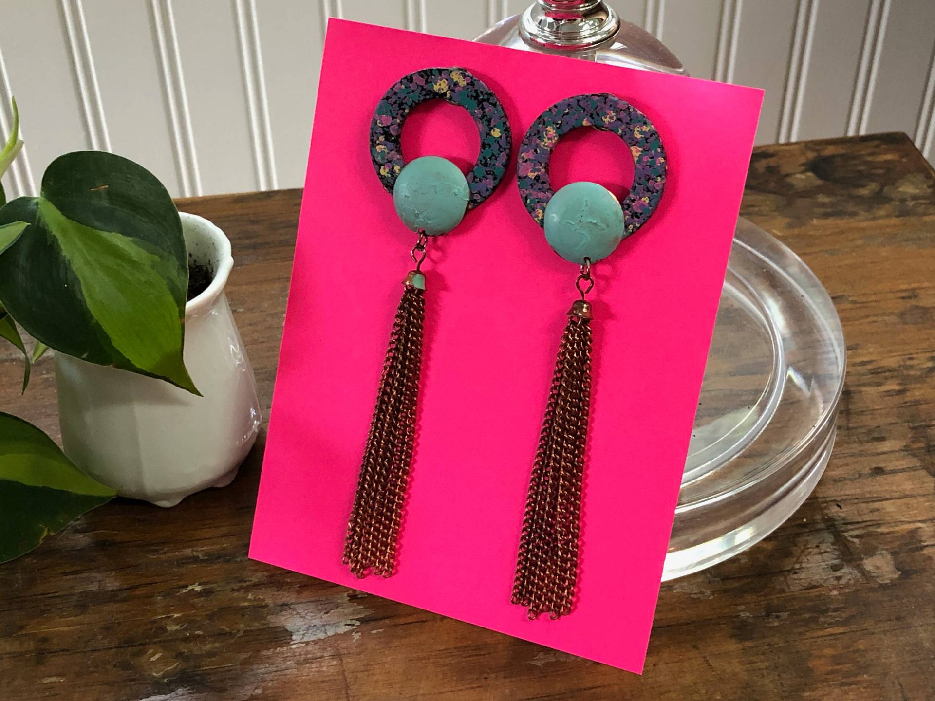 Kette Quaste Ohrringe Dangly Rose Gold Kupfer Türkis Blau Rosa Vintage Große Statement Schmuck von MidwestVintageShop