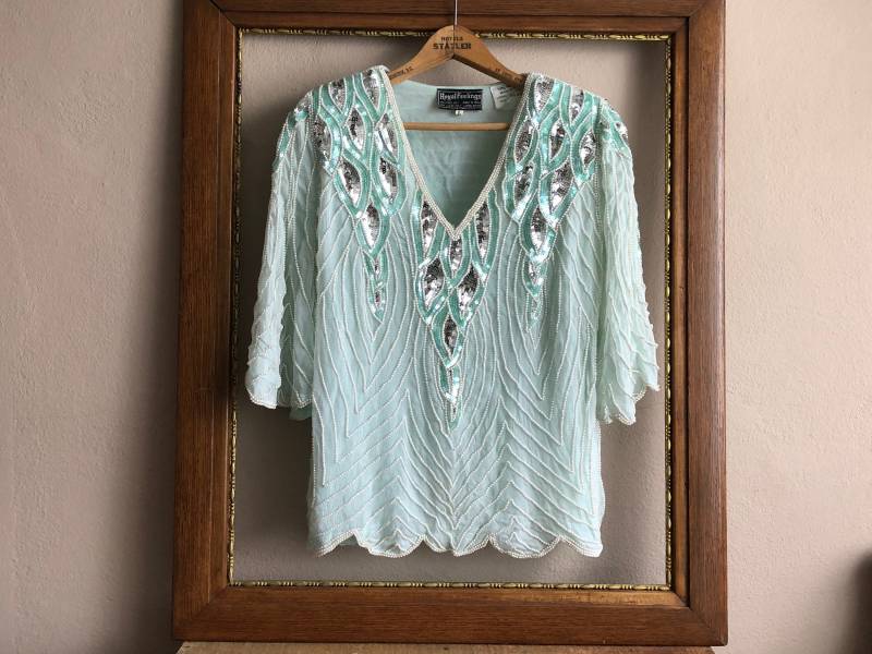 Mint Grün Pailletten Bluse Seide Shirt Weiße Perlen Vintage Boho Glam Damen Medium Oder Groß von MidwestVintageShop