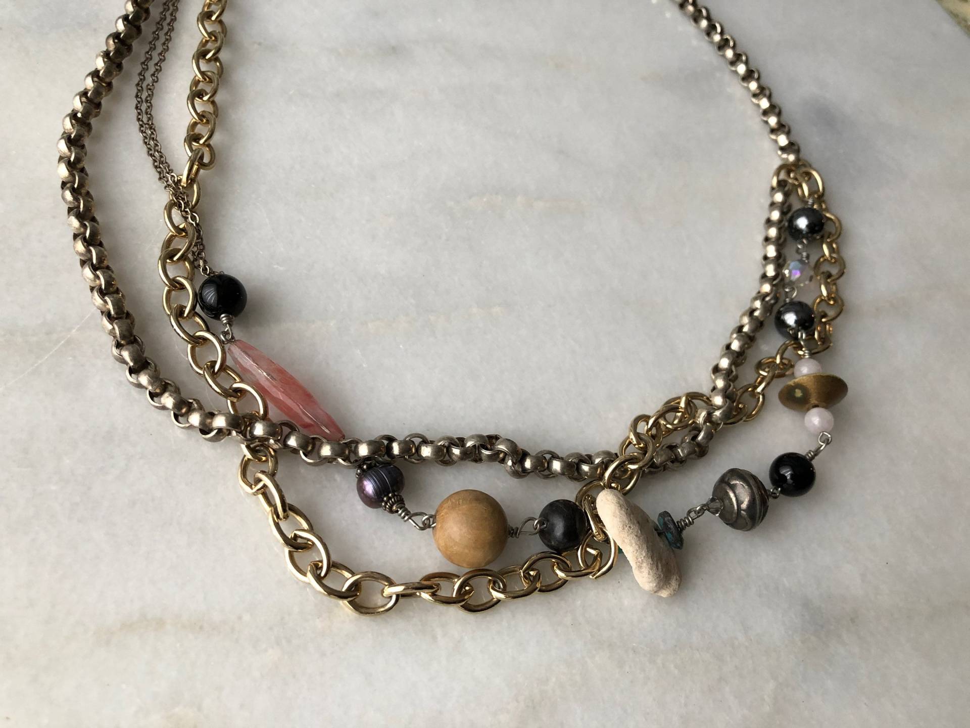 Perlen Halskette Multistrand Kette Silber Gold Stein Boho Rosa Blau Schwarz Einzigartige Vintage Distressed Schmuck von MidwestVintageShop