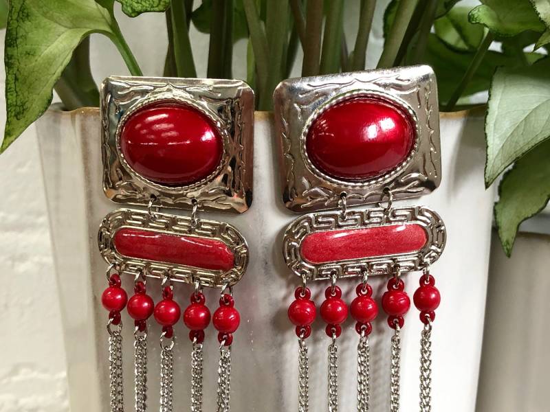 Rote Dangly Ohrringe Silber Kette Quaste Perlen Ovale Rechteckige Boho Südwestlichen Vintage Schmuck Ohrstecker von MidwestVintageShop