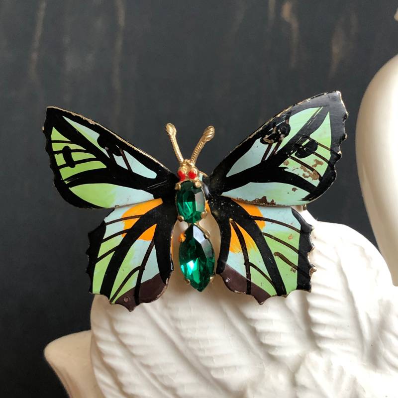 Schmetterling Pin Vintage Gold Metall Schwarz Bemalt Emaille Antik Schmuck Grün Strass von MidwestVintageShop