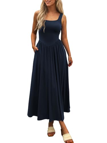 Mieazom Damen Sommer Maxikleid 2025 - Ärmelloses quadratischer Ausschnitt Casual Strand Sommerkleid mit Taschen Flowy Patchwork Strick, Marineblau, Klein von Mieazom
