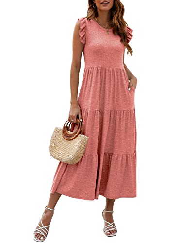 Mieazom Damen Sommer ärmelloses Maxikleid Rüschenärmel Rundhalsausschnitt gestuft fließend plissiert lässig A-Linie Sommerkleid mit Taschen, Rosa / Orange, Mittel von Mieazom