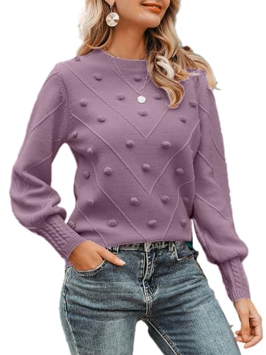 Miessial Damen Herbst Floral Rundhalsausschnitt Strickpullover Langarm Casual Y2K Vintage Chunky Pullover Pullover Tops Trendy, Helles Violett, 40 von Miessial