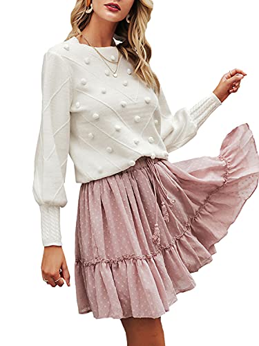 Miessial Damen Rundhalsausschnitt Laternenärmel Pullover Elegant Strick Pullover Top - Weiß - 34/36 von Miessial