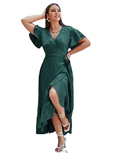 Miessial Damen Sommer Chiffon V Ausschnitt Rüschen Maxikleid Polka Dot Lang Strand Wickelkleid, A1 dunkelgrün, 50 Mehr von Miessial