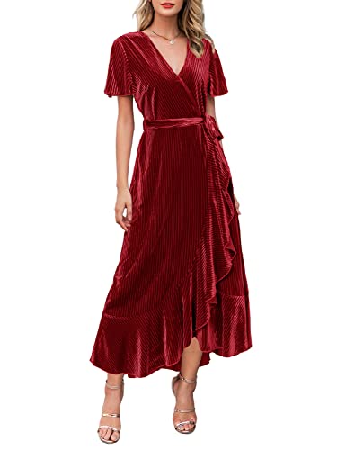 Miessial Damen Sommer Chiffon V Ausschnitt Rüschen Maxikleid Polka Dot Lang Strand Wickelkleid, Samt-Weinrot, 44 von Miessial