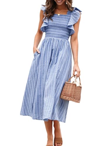 Miessial Lässiges Sommerkleid für Damen, Midi-Kleid, kurzärmelig, gesmoktes Leinen, Boho-Stil, Strand, Hochzeit, Gästekleid mit Taschen, Marineblau gestreift, X-Klein Miessial Lässiges Sommerkleid für Damen, Midi-Kleid, kurzärmelig, gesmoktes Leinen, Boho-Stil, Strand, Hochzeit, Gästekleid mit Taschen, Marineblau gestreift, X-Klein von Miessial