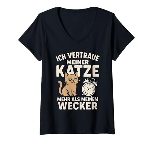 Damen Ich Vertraue meiner Katze mehr als Meinem Wecker T-Shirt mit V-Ausschnitt Damen Ich Vertraue meiner Katze mehr als Meinem Wecker T-Shirt mit V-Ausschnitt von Miez Humor