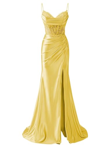 Mifeiwukawa Damen Spaghettiträger Satin Spitze Applikationen Ballkleider für Frauen mit Schlitz V-Ausschnitt Meerjungfrau Langes Abendkleid formelle Partykleid, gelb, 38 von Mifeiwukawa
