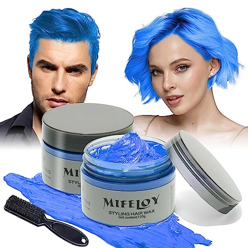 2 Stück Blau Haartönung Temporäre Haarfarbe mit 1 Bürsten, Frauen Männer Styling Haartone Wax, Instant Hair Cream Mud Natürliche Frisur Pomade, Halloween Party Cosplay Haar Wachs von Mifeloy