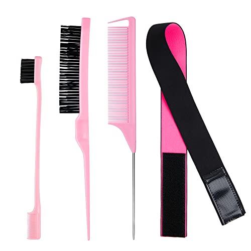 3 Stück Sleek Bun Neckerei Bürsten Set Pink, Borsten Haarbürste Stiel Kamm, Rattenschwanz Haarkamm, Doppelkanten Bürste Kämme Pflege Kanten Perücke Elastisches Band für Friseurin Frauen Baby Kinder von Mifeloy