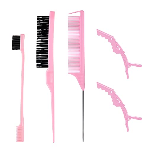 3 Stück Sleek Bun Neckerei Bürsten Set Pink, Borsten Haarbürste Stiel Kamm, Rattenschwanz Haarkamm, Doppelkanten Bürste Kämme Pflege Kanten mit 2 Alligatorclips für Friseurin Frauen Baby Kinder von Mifeloy