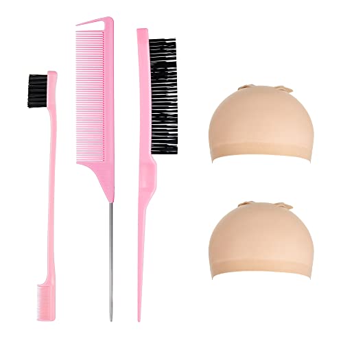 3 Stück Sleek Bun Neckerei Bürsten Set Pink, Borsten Haarbürste Stiel Kamm, Rattenschwanz Haarkamm, Doppelkanten Bürste Kämme Pflege Kanten mit 2 Perücke Haarnetz für Friseurin Frauen Baby Kinder von Mifeloy