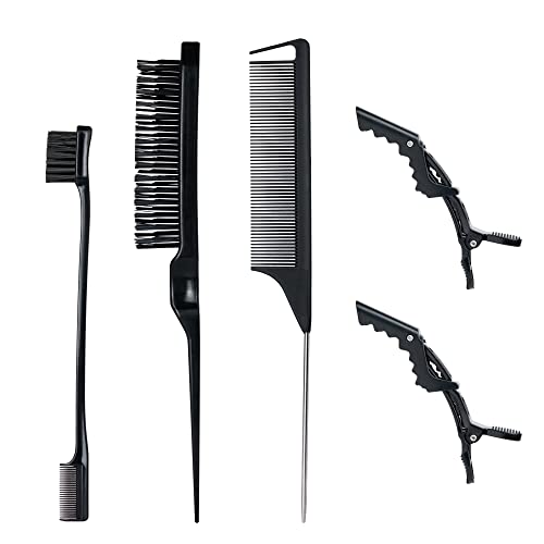 3 Stück Sleek Bun Neckerei Bürsten Set Schwarz, Borsten Haarbürste Stiel Kamm, Rattenschwanz Haarkamm, Doppelkanten Bürste Kämme Pflege Kanten mit 2 Alligatorclips für Friseurin Frauen Baby Kinder von Mifeloy