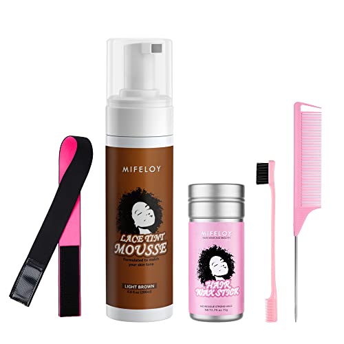 5 Stück Perücke Werkzeug Set, Frauen Lace Tint Melting Hair Mousse Foam 6.8oz, Mocha Middle Brown Toupees Spray Glue, 2.7oz Styling Pomade Gel Wax Stick, Elastic Wig Band, Edge Control Brush, Comb von Mifeloy