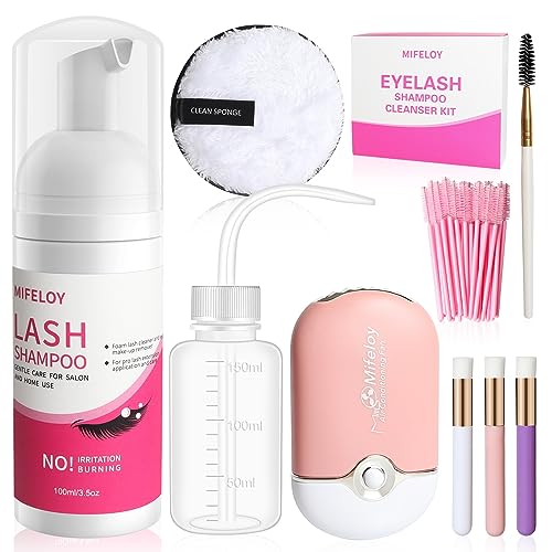 9 Pcs Wimpernverlängerungen Set für Salon Heimgebrauch, Augen WimpernShampoo, Miniatur USB Wimpern Föhn, Entferner Augenpads, Wimpernbürsten Einweg, Mascara Bürsten, Reinigung Pinsel, Waschen Flasche von Mifeloy