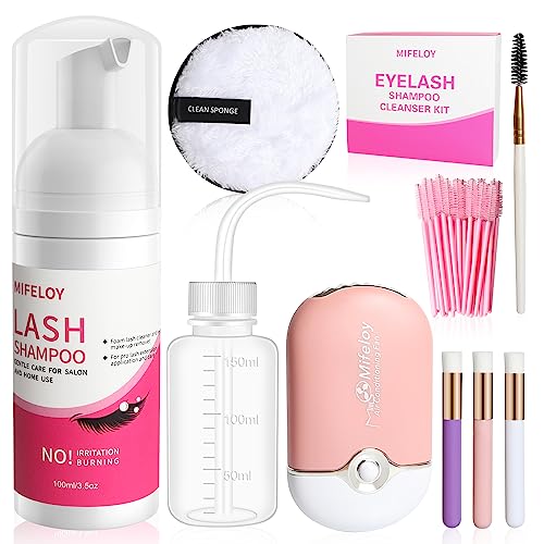 9 Pcs Wimpernverlängerungen Set für Salon Heimgebrauch, Augen WimpernShampoo, Miniatur USB Wimpern Föhn, Wimpernbürsten Einweg, Mascara Bürsten, Reinigung Pinsel, Waschen Flasche, Entferner Augenpads von Mifeloy