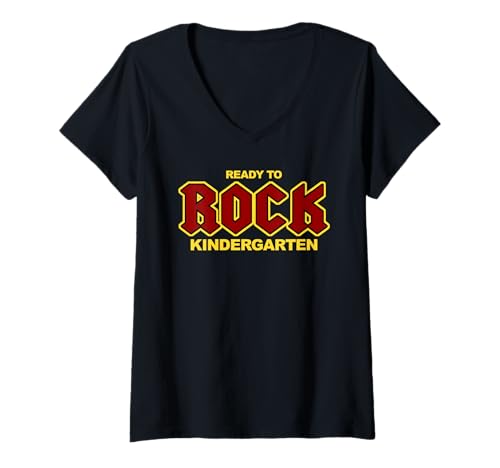 Damen Zurück zur Schule Lustiger Ready to Rock Kindergarten T-Shirt mit V-Ausschnitt von Miftees Back to School Tees