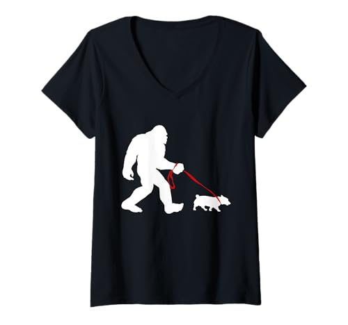 Damen Bigfoot Walking Corgi T-Shirt mit V-Ausschnitt von Miftees Bigfoot Tees