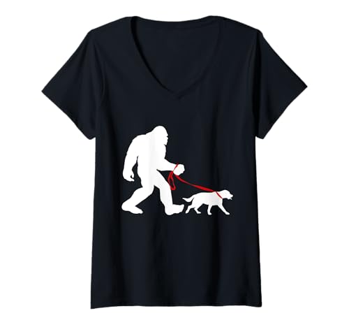 Damen Bigfoot Walking Labrador Retriever T-Shirt mit V-Ausschnitt von Miftees Bigfoot Tees