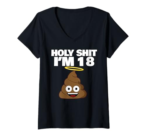 Damen Lustiger Poop Cartoon 18. Geburtstag Holy Shit I'm 18 T-Shirt mit V-Ausschnitt Damen Lustiger Poop Cartoon 18. Geburtstag Holy Shit I'm 18 T-Shirt mit V-Ausschnitt von Miftees Birthday Tees