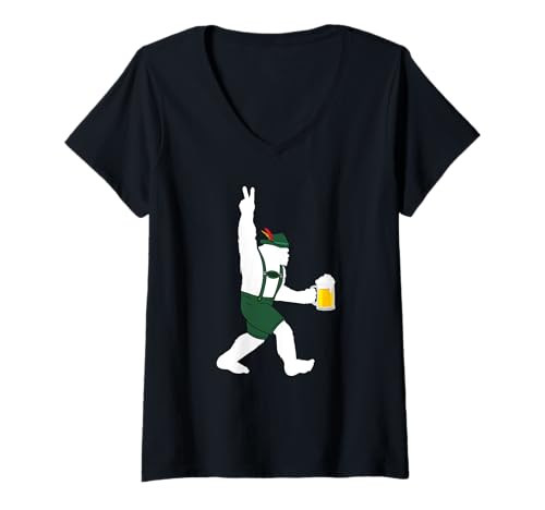 Damen Oktoberfest Bigfoot in Lederhosen T-Shirt mit V-Ausschnitt Damen Oktoberfest Bigfoot in Lederhosen T-Shirt mit V-Ausschnitt von Miftees Oktoberfest Tees