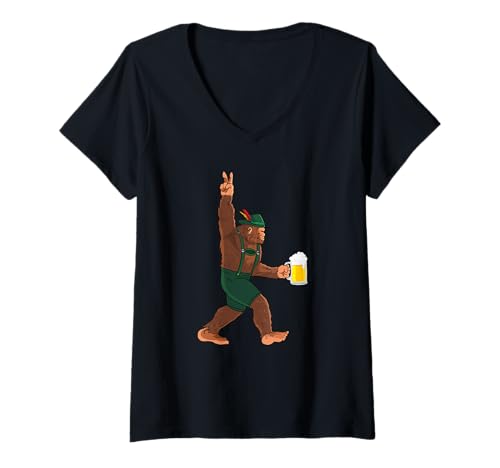 Damen Oktoberfest Bigfoot in Lederhosen T-Shirt mit V-Ausschnitt Damen Oktoberfest Bigfoot in Lederhosen T-Shirt mit V-Ausschnitt von Miftees Oktoberfest Tees
