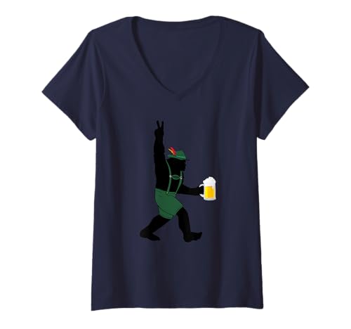 Damen Oktoberfest Bigfoot in Lederhosen T-Shirt mit V-Ausschnitt Damen Oktoberfest Bigfoot in Lederhosen T-Shirt mit V-Ausschnitt von Miftees Oktoberfest Tees