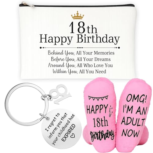 18. Geburtstag Mädchen Geschenk Set mit Kosmetiktasche, Schlüsselanhänger, Socken - Geburtstagsgeschenk für Frauen, Freundin, Beste Freundin von MigWoo