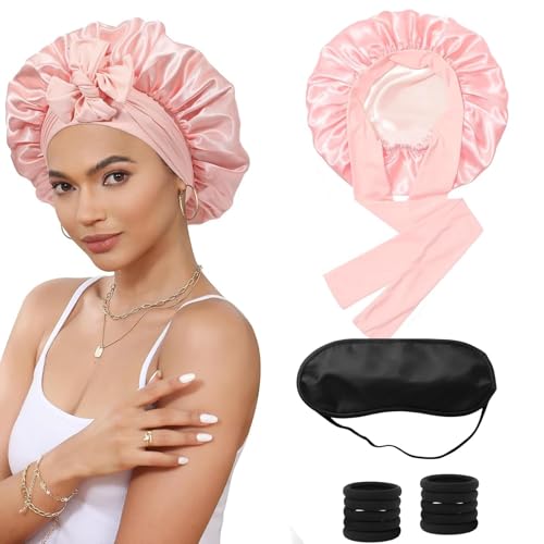 MigWoo Seidenhaube zum Schlafen, Satin Sleeping Cap, Schlafmütze Damen | Verstellbare Haarhaube für die Nacht & Lockenpflege | Inkl. 10 Haargummis + Schlafmaske (Geschenk) von MigWoo
