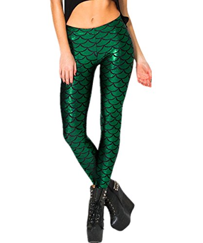 Migaoeco Damen Digitaldruck Meerjungfrau Fischwaage Skinny Stretch Leggings Hosen Sparkle Booty Festival Kostüme Cosplay Bühne Club Party Wear Gr. L, dunkelgrün von Migaoeco