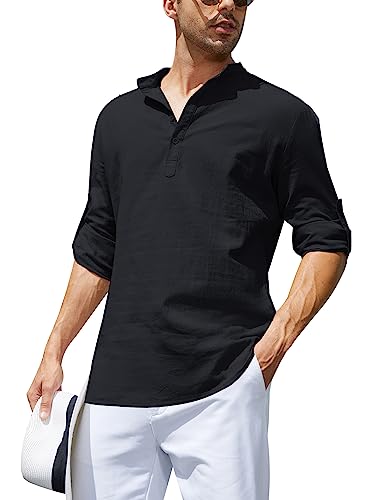 Herren Leinenhemd Langarm Freizeithemd Henley Casual Regular Fit Baumwolle Sommerhemd Einfarbig für Männer B L von Migcaput