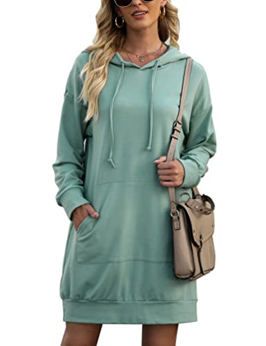 Migcaput Damen Kapuzenpullover Dünn Kleid Langarm Baumwolle Einfarbig Hoodie Casual Mantel Outwear Sweatshirts mit Kapuze Minzgrün S von Migcaput