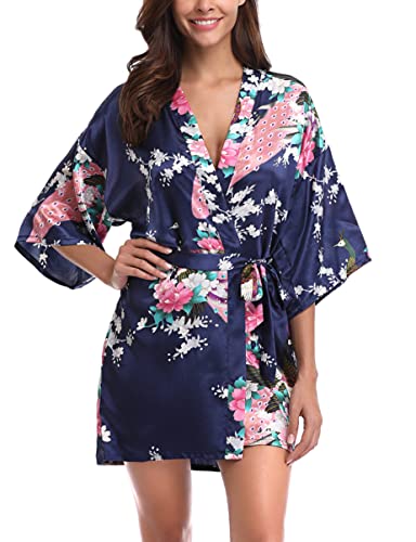 Migcaput Bademantel Damen Kurz mit Gürtel Kimono Robe Morgenmantel Sexy V-Ausschnitt Leicht Seide Satin Pyjama Strandkimonos Nachtwäsche mit Pfau Muster - pfau-Dunkelblau, L von Migcaput