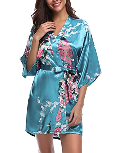 Migcaput Bademantel Damen Kurz mit Gürtel Kimono Robe Morgenmantel Sexy V-Ausschnitt Leicht Seide Satin Pyjama Strandkimonos Nachtwäsche mit Pfau Muster - pfau-Seeblau, L von Migcaput
