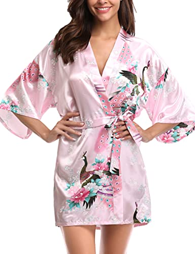 Migcaput Damen Bademantel Kurz mit Gürtel Kimono Robe Morgenmantel Sexy V-Ausschnitt Leicht Seide Satin Pyjama Strandkimonos Nachtwäsche mit Pfau Muster - pfau-Rosa, M von Migcaput