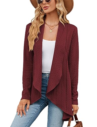 Migcaput Damen Cardigan Langarm Strickjacke Open Front Strick Drapiert Strickmantel Leicht Jacken Elegant Anzugkragen Jacke für Frauen Rotwein S von Migcaput