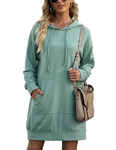 Migcaput Damen Kapuzenpullover Dünn Kleid Langarm Baumwolle Einfarbig Hoodie Casual Mantel Outwear Sweatshirts mit Kapuze Minzgrün S von Migcaput