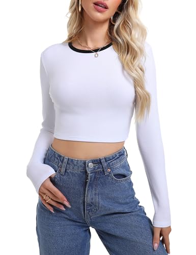 Migcaput Damen Langarmshirt Y2K Langarm Crop Tops T-Shirt Slim Fit Einfarbig Longsleeve Oberteile Casual Rundhals Shirt für Frauen Weiß XL von Migcaput