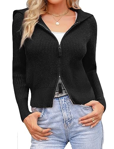 Migcaput Damen Strickpullover Kurze mit Reißverschluss Langarm Strickjacke Revers Gestrickter Pullover Cardigan Casual Einfarbig Schwarz XL von Migcaput