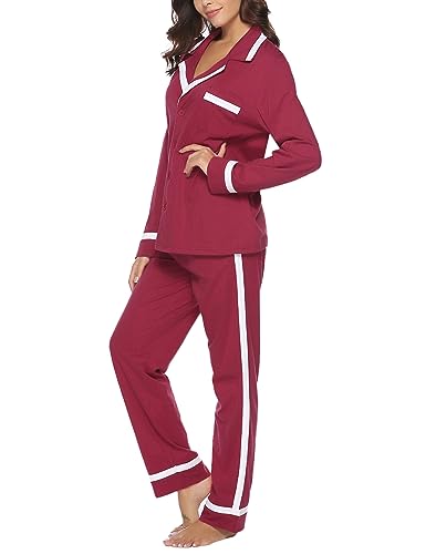 Migcaput Damen Schlafanzug Lang Zweiteiliger Langarm Baumwolle Pyjama Set mit Knopfleiste Loungewear Nachtwäsche 2 Stück Rotwein L von Migcaput