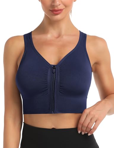 Migcaput Damen Sport BH Reißverschluss Vorne, Sportbh Damen Gepolstert Push Up BHS Starker Halt Sports Bra Top Damen-BHS Ohne Bügel für Gym Fitness Yoga Running Marineblau S von Migcaput