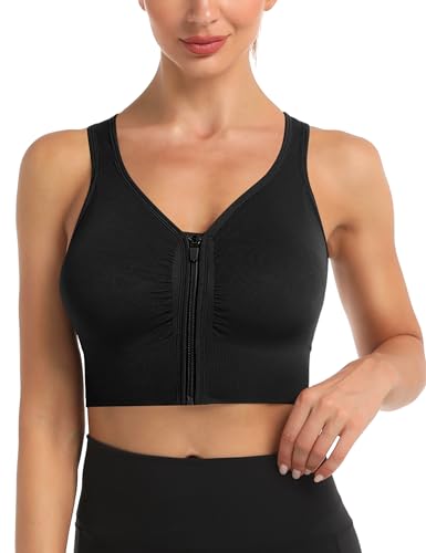 Migcaput Damen Sport BH Stark Halt Abnehmbarer Brustpolster Tops Nahtlose Sportbekleidung Yoga Top Damen Fuer Lauf Fitness Mit Reißverschluss Sportunterwäsche Sport BH Schwarz XL von Migcaput