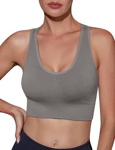 Migcaput Damen Sport BH Gepolstert Crossback Yoga Sports Bra Rücken Verkreuzt Gerippt Bustier Ohne Bügel Atmungsaktiv BH mit Abnehmbaren Cups Sport Top Damen grau L von Migcaput