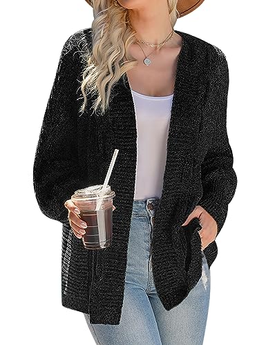 Migcaput Damen Strickjacke Langarm Grobstrick Cardigan Strickmantel Locker Pullover Herbst Gestrickt Outwear mit Knopf Schwarz L von Migcaput