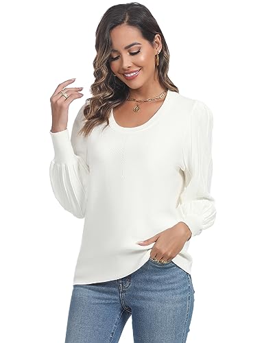 Migcaput Damen Strickpullover Lange Gestrickte Pullover Puffärmel Warm Sweater Rundhals Elegant Pulli Lässig Gestrickte Langarmshirt Weiß XL von Migcaput