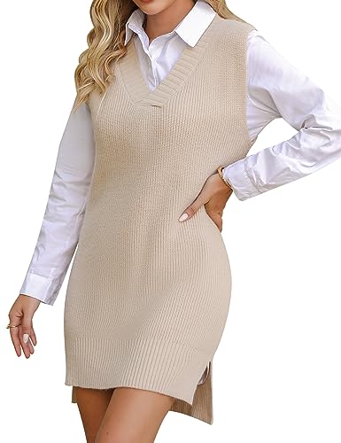 Migcaput Damen Strickweste Ärmellos Pullunder V-Ausschnitt Strickpullover Oversize Weste Pullover Casual Einfarbig für Frauen Aprikose M von Migcaput