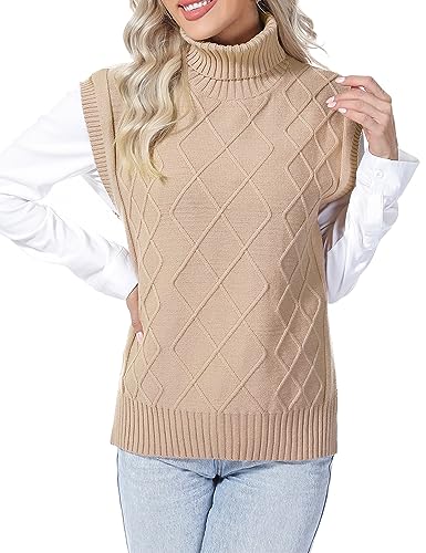 Migcaput Damen Strickweste Ärmellos Weste Gerippt Pullover ärmellos Pullunder Elegant Strickpulli Rollkragenpullover Casual Aprikose L von Migcaput