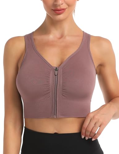 Migcaput Sport BH Reißverschluss Vorne Damen Zip Front Push Up Ohne Bügel Bustier Running Bra Ringerrücken Strech Gepolstert Bralette für Fitness Yoga Bohnenpaste rot L von Migcaput